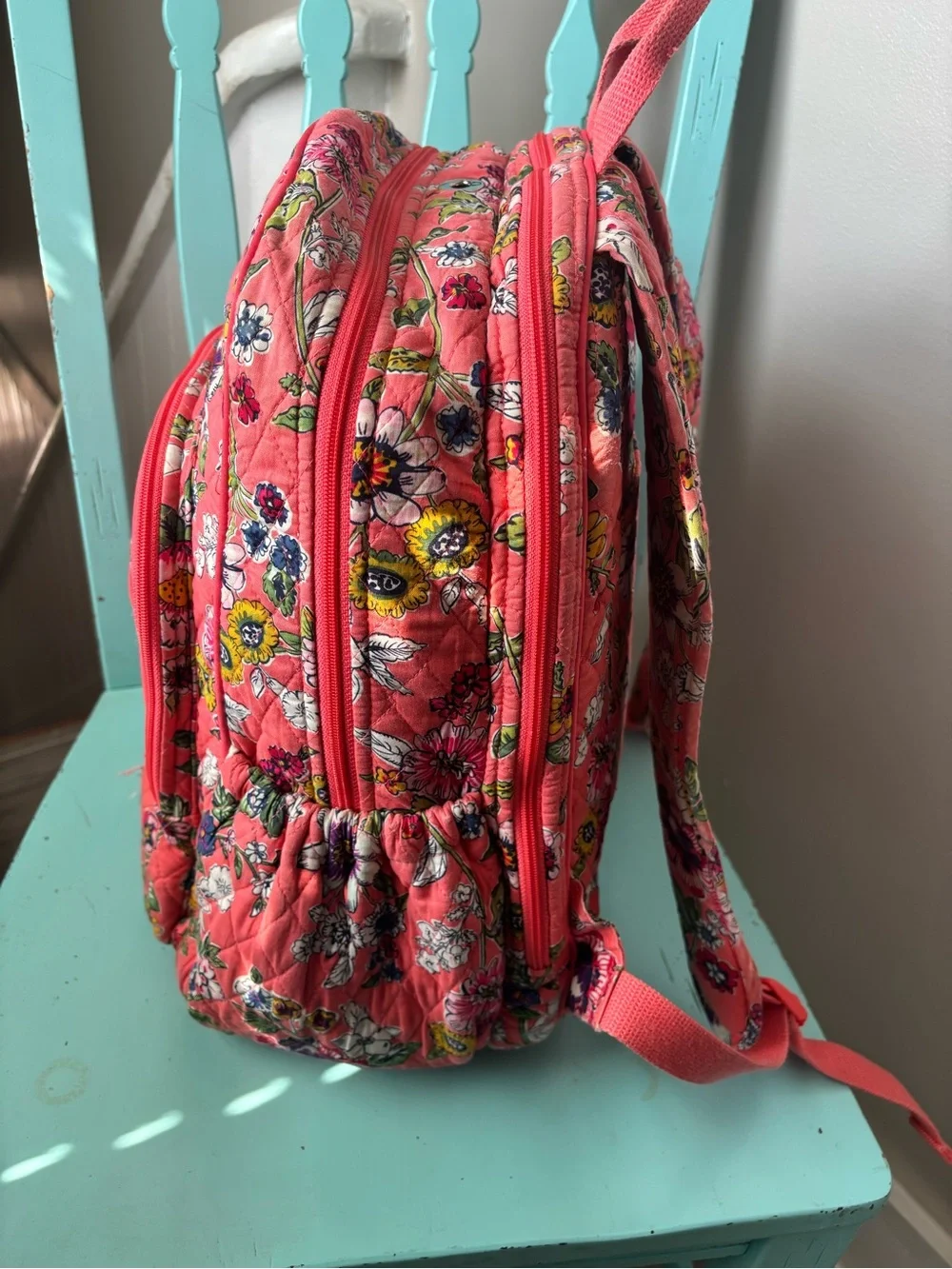 Vera Bradley Quilted Floral Backpack in Coral with Multicolor Flowers